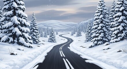 Snowy Road Through Winter Forest &ndash; Scenic Seasonal Travel Landscape
