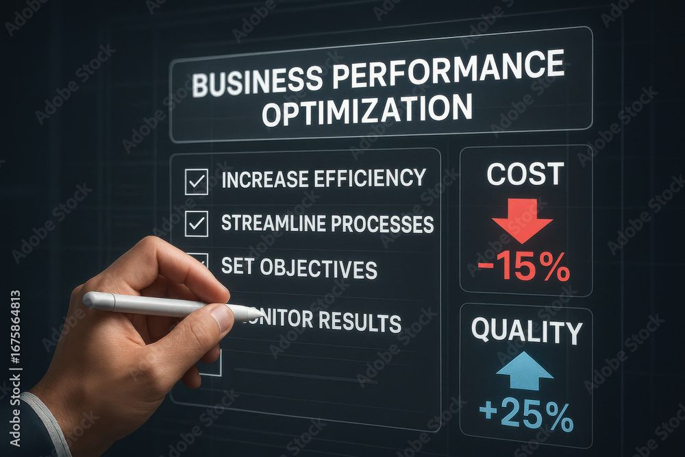 Poster business performance optimization concept with checklist and cost reduction and quality