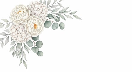 Elegant Watercolor Floral Arrangement Featuring Delicate White Roses Hydrangeas and Eucalyptus Leaves Perfect for Wedding Invitations and Celebratory Designs
