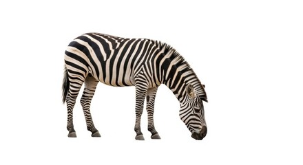 Fototapeta premium Zebra grazing isolated on white background, showing its distinctive black and white stripes