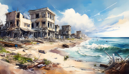 Fototapeta premium Aftermath of a Coastal Town Disaster