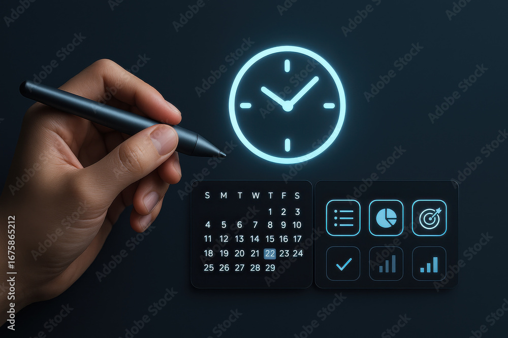 Poster hand holding stylus pen with digital clock and calendar interface showing time management