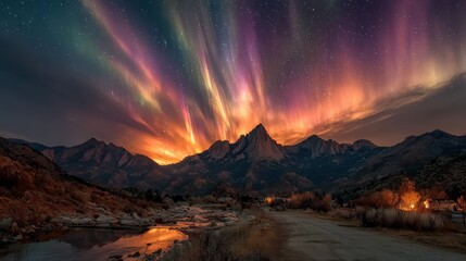 Fototapeta premium Abstract astronomical phenomenon with X-shaped auroras creating ethereal fractures in the night sky.