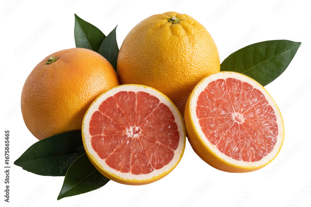 Poster two whole grapefruits and two grapefruit halves with green leaves on a transparent background. backg