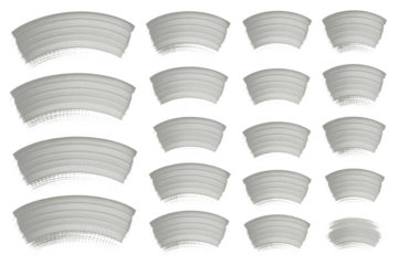 A collection of twenty light gray semi-circular brush strokes on a transparent background. background removed