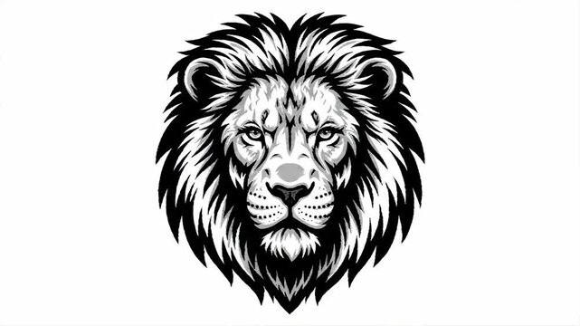 Majestic Lion Head Illustration - A black and white graphic illustration of a lion's head, showcasing its fierce and powerful expression. The detailed mane and intense gaze create a striking visual.
