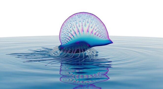 A portuguese man o war floating on the ocean surface with blue and purple hues