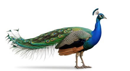 Fototapeta premium A vibrant peacock displaying its iridescent plumage, isolated on white background, a stunning bird