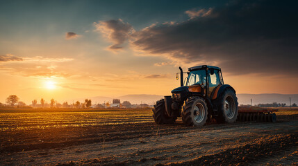 Tractor Plowing Farmland at Sunset with Dramatic Sky in Rural Agricultural Landscape
