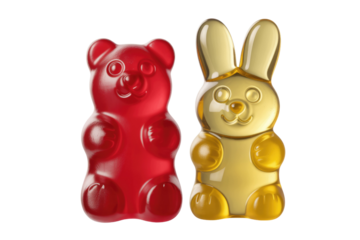 A red gummy bear and a yellow gummy bunny on a transparent background. background removed