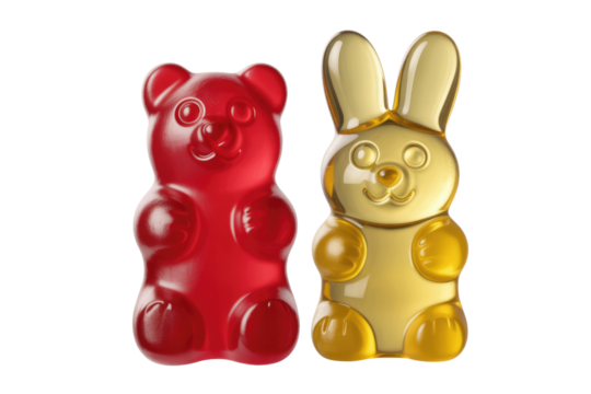 A red gummy bear and a yellow gummy bunny on a transparent background. background removed