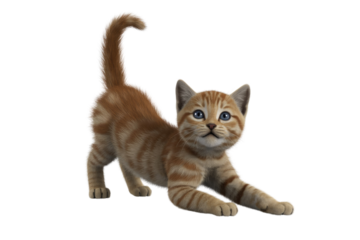 An adorable ginger kitten stretches playfully on a transparent background. background removed