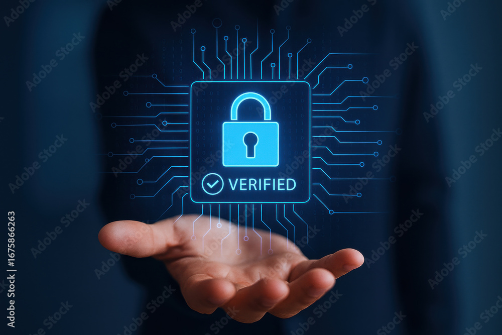 Poster verified security concept with digital lock icon and circuit board lines above open hand