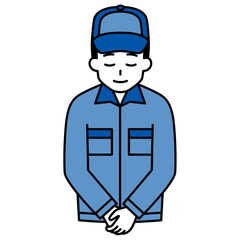 お辞儀をするつなぎ作業服の男性