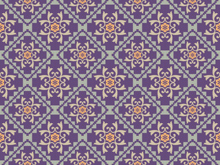 Seamless geometric and floral patterns combine classic damask motifs with pixelated geometric patterns. Ideal for wallpaper, fashion, website backgrounds, book covers, product packaging, and surfaces.