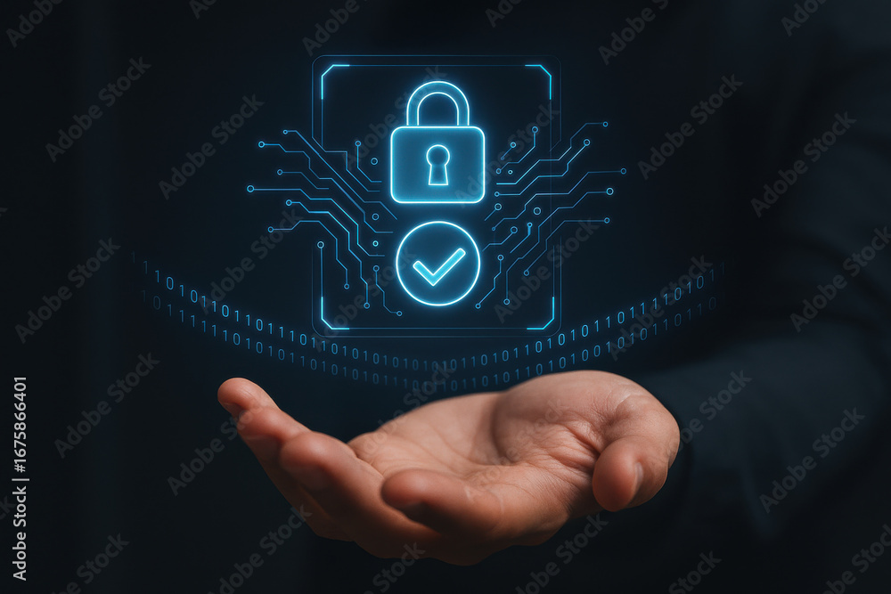 Poster cybersecurity concept with digital lock and checkmark glowing above hand