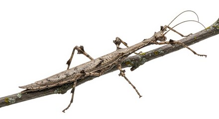 Camouflaged stick insect perched on a twig, isolated on white background, blending seamlessly