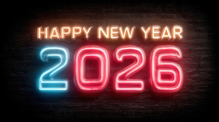 Vibrant New Year 2026 neon sign with colorful illumination, modern festive decor for celebration, nightlife party, and joyful holiday atmosphere