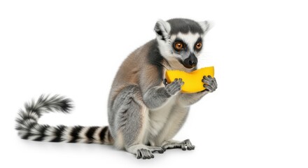 Obraz premium Cute ringtailed lemur eating fruit isolated on white background, showcasing its playful nature