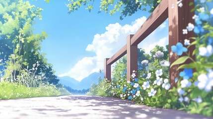 Fototapeta premium Serene Summer Path with Blooming Flowers and Blue Sky