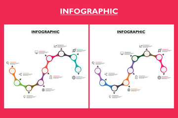 A curved, winding process infographic with numbered nodes and icons representing stages of a business plan.
