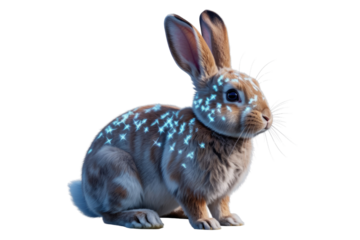 A brown rabbit with glowing blue sparkles on its fur, isolated on a transparent background. background removed