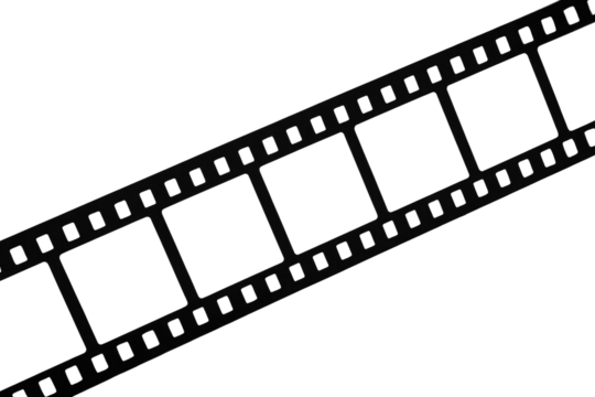 A transparent film strip diagonally positioned against a transparent background, representing memories and cinema. background removed