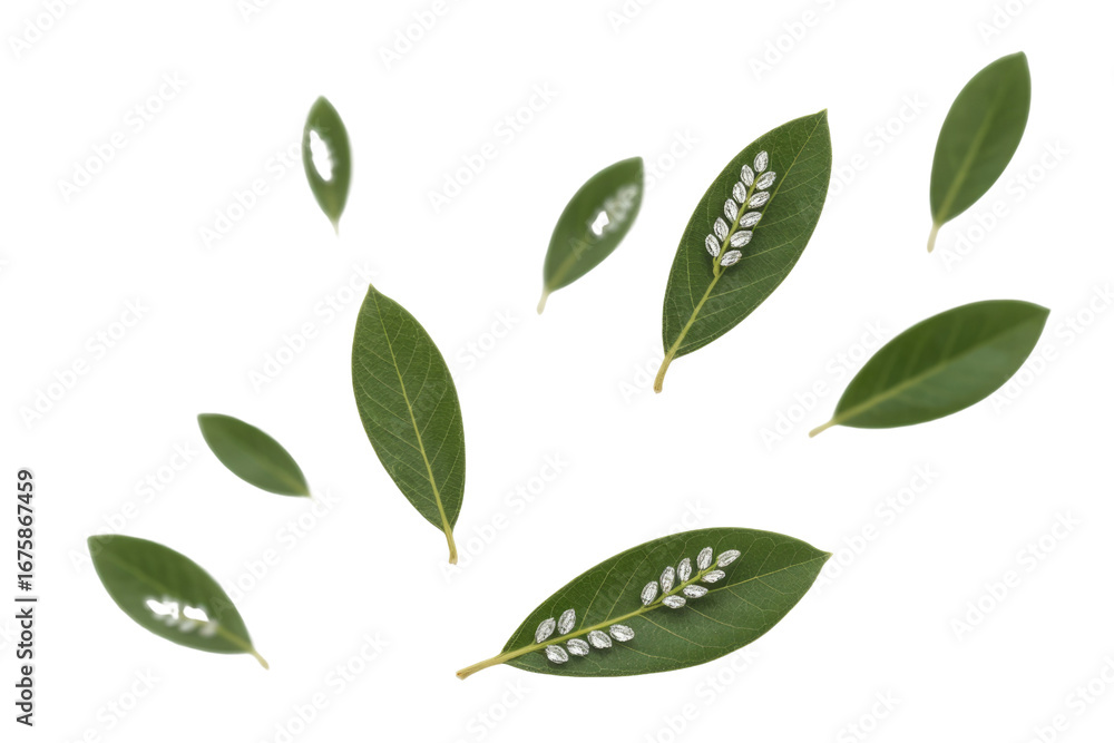 Poster green leaves with white seed-like objects arranged on them against a transparent background. backgro