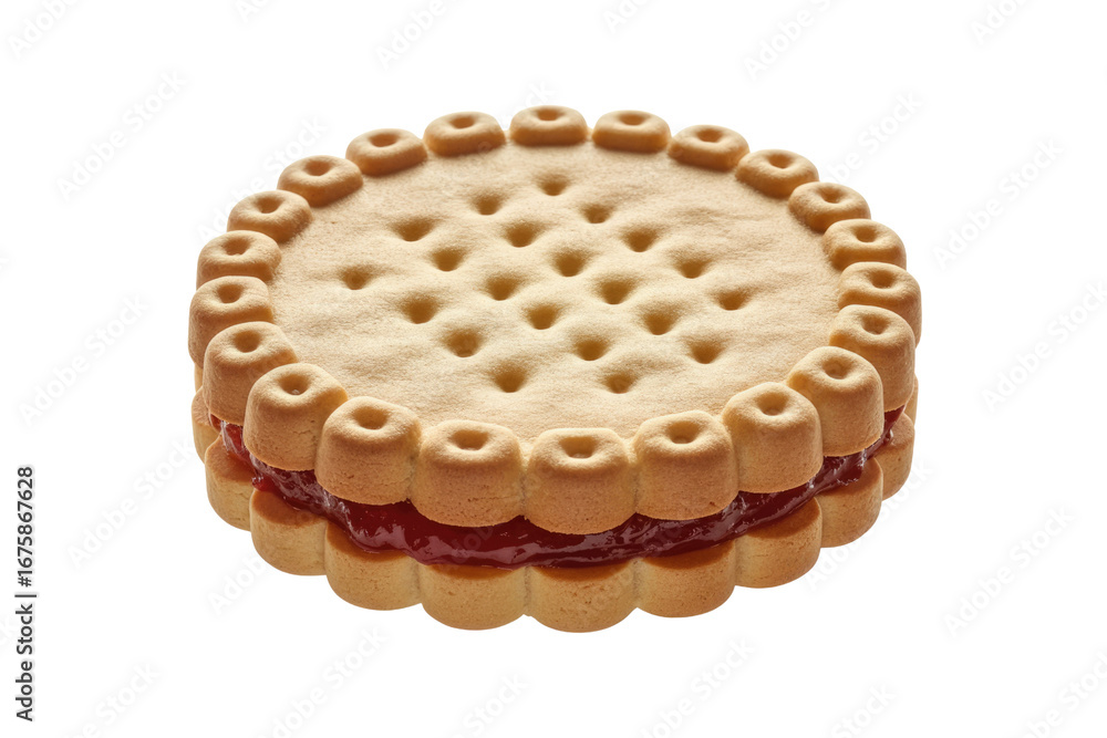 Poster a round, double-layered biscuit filled with red jam, isolated on a transparent background. backgroun