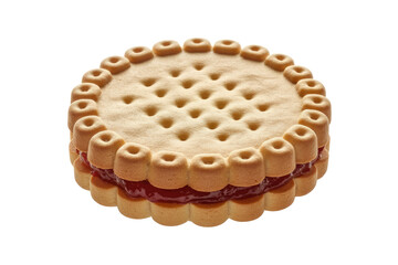 A round, double-layered biscuit filled with red jam, isolated on a transparent background. background removed