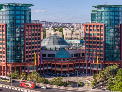 Lisbon, Portugal - August 28, 2025: Aerial drone view of the historic Colombo shopping mall in Lisbon, Portugal