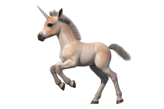 Adorable 3D rendered image of a playful baby unicorn foal with a light cream coat, isolated on a transparent background. background removed