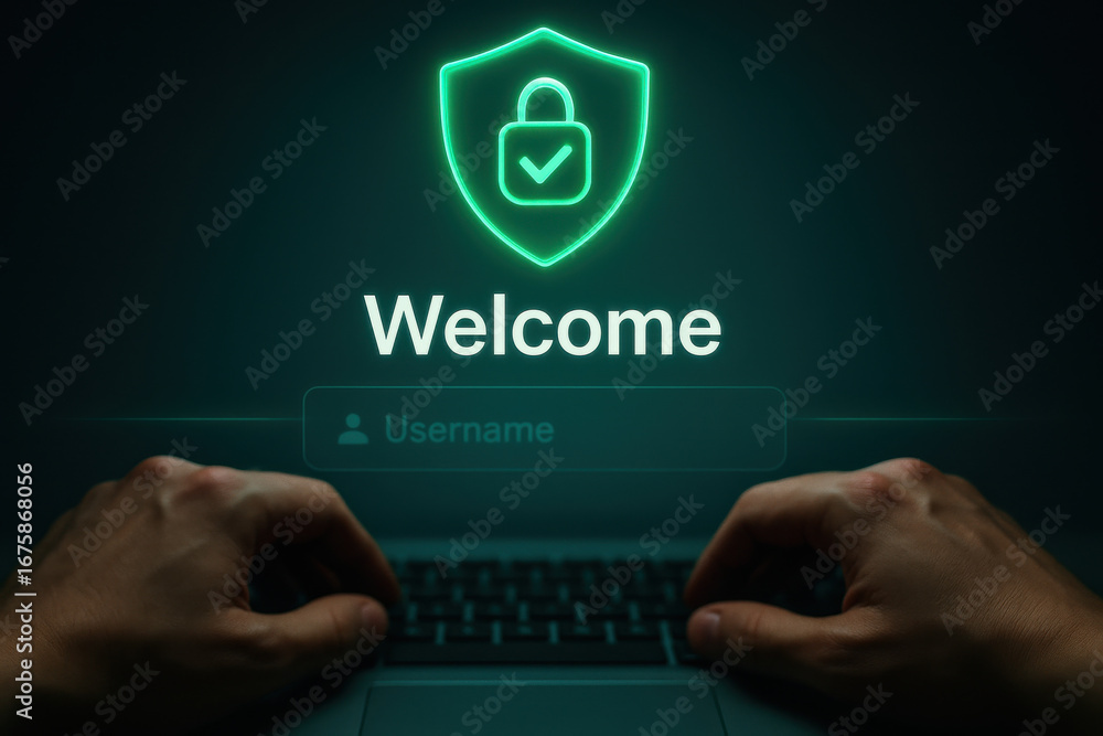 Poster welcome screen with security lock icon and hands typing on keyboard in dark