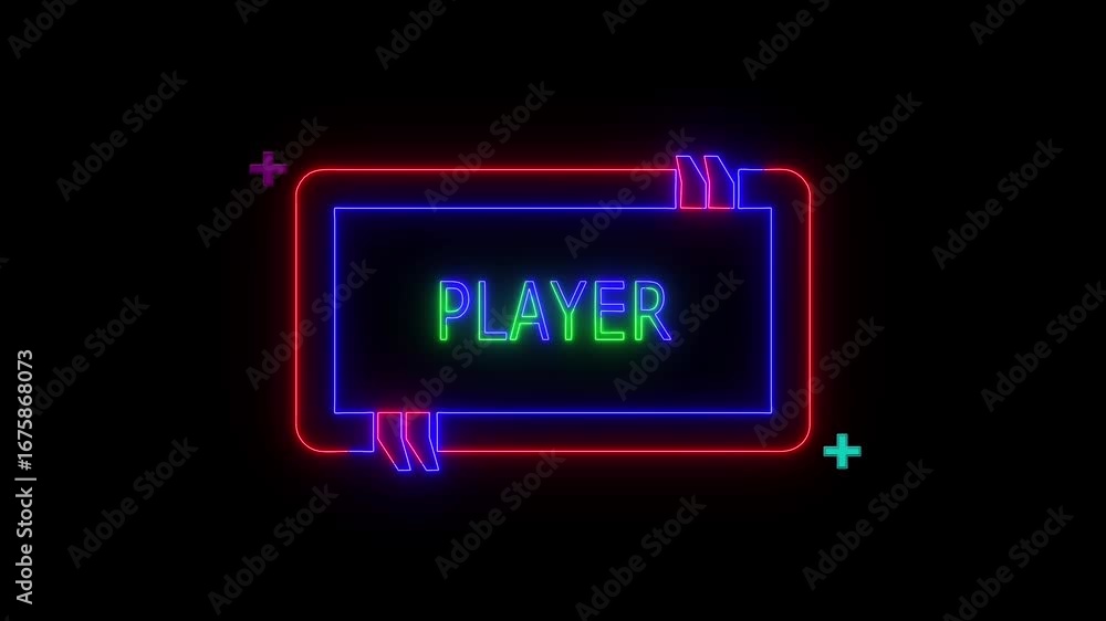 Aufkleber neon sign player text frame border and lopping plus icon with on black background.