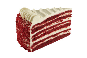 A slice of delicious red velvet cake with cream cheese frosting, layered and rich. background removed