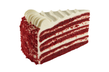 A slice of delicious red velvet cake with cream cheese frosting, layered and rich. background removed