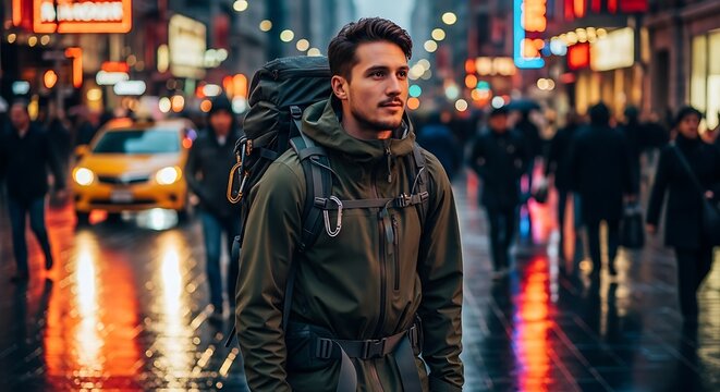 A man with a backpack walks through a busy city street at night