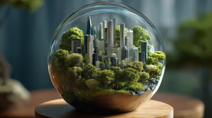 Miniature Futuristic City Enclosed in a Glass Terrarium Surrounded by Lush Green Trees Representing Sustainable Urban Living
