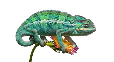 Fototapeta premium Chameleon perched on a flower isolated on white background, showing its vibrant colors