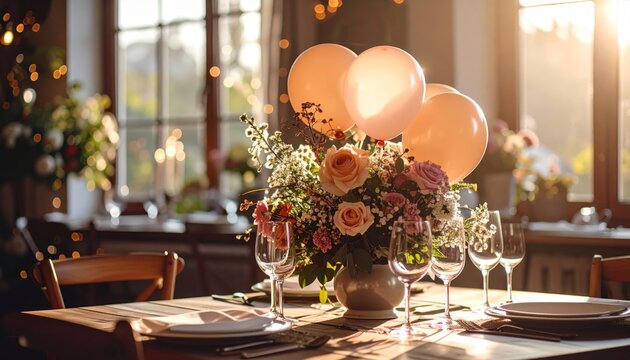 Elegant Centerpiece with Flowers and Balloons for Special Occasion