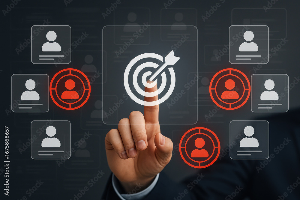 Poster hand pointing at target icon with user profile symbols representing focus and selection