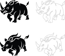 Fototapeta premium Silhouette of a charging rhino in motion, bold flat black vector design