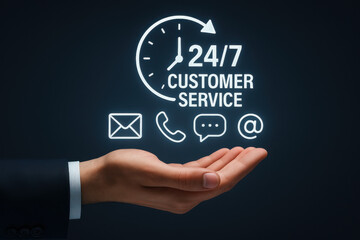 24/7 customer service concept with hand and communication icons