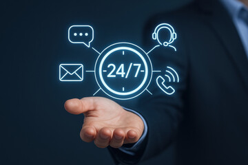 24/7 customer support concept with communication icons and hand