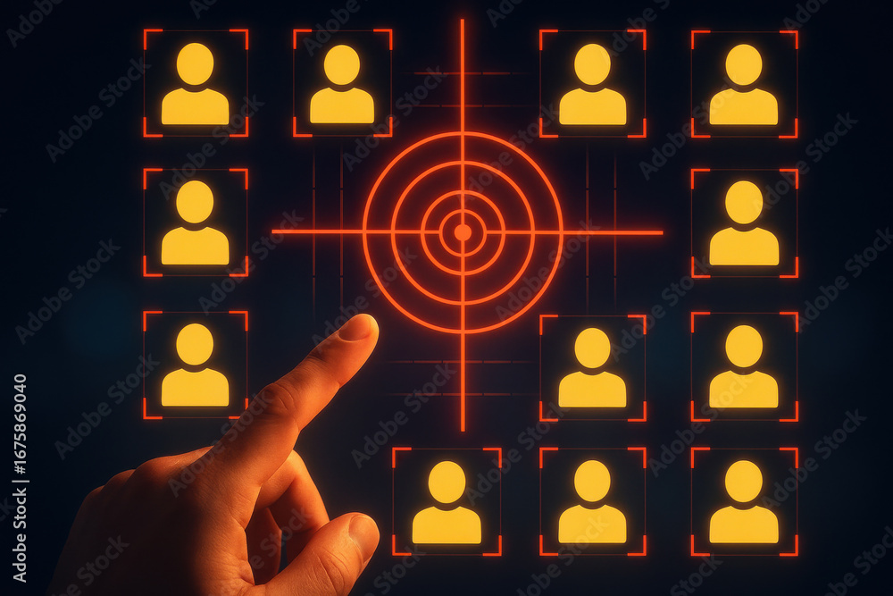 Aufkleber targeting concept with finger pointing at user icon on digital screen