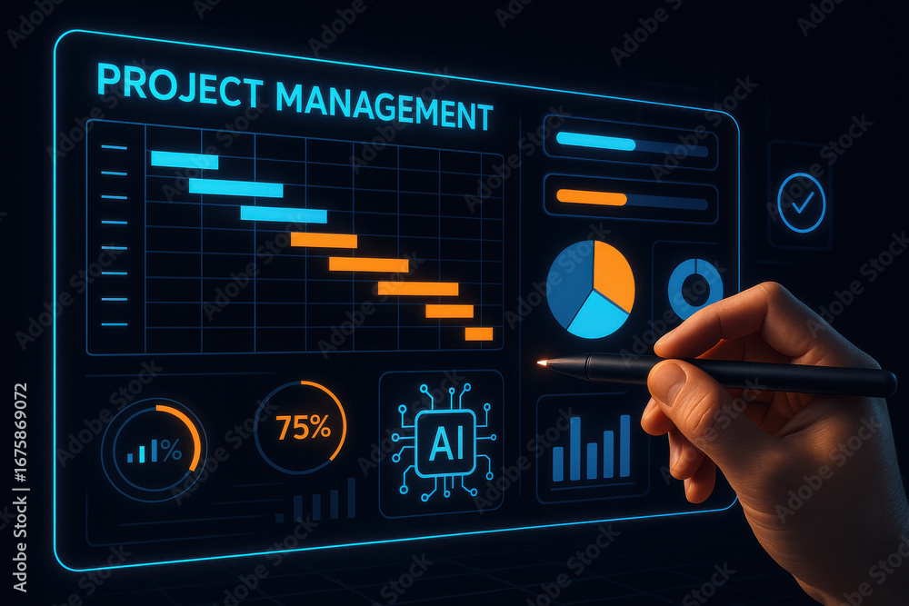 Poster project management dashboard with ai technology and data analytics in futuristic interface