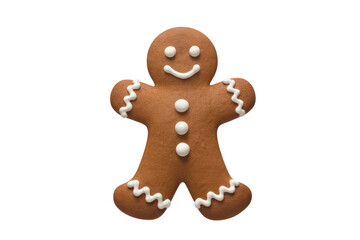 A cheerful gingerbread man cookie, decorated with icing, isolated on a transparent background. background removed