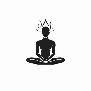 Meditating yogi person with lotus above head in black silhouette