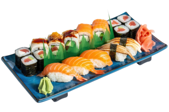 Assorted sushi platter featuring various rolls, nigiri, and maki, elegantly arranged on a blue plate. background removed