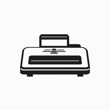 Minimalist illustration of modern laminator machine against white backdrop, a bold silhouette